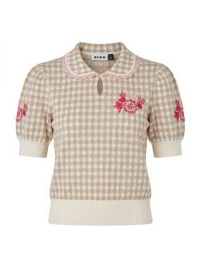 Rixo Annalise Gingham Floral Embroidered Knit Top Tan White XS